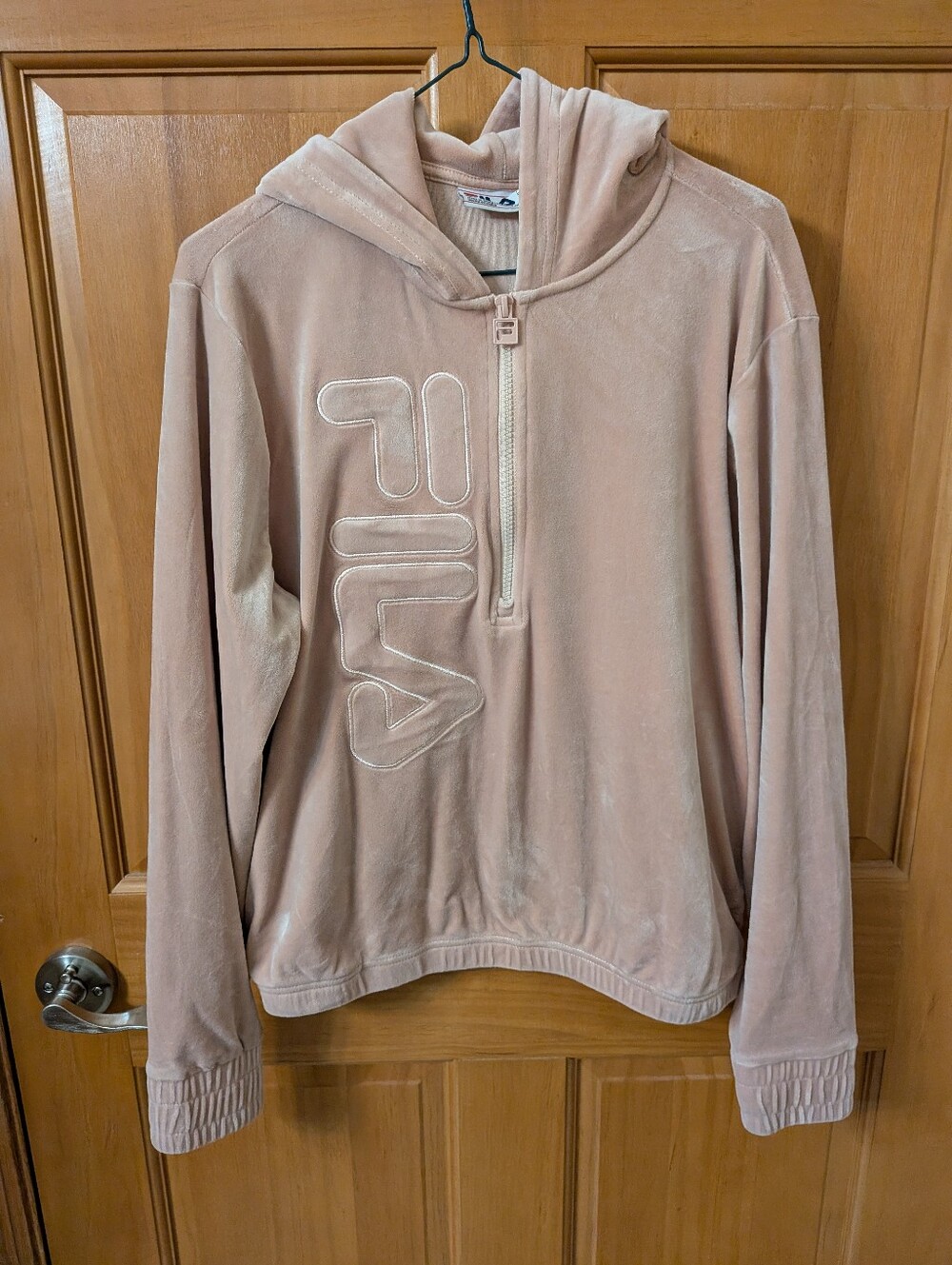 Fila Velour Half-Zip Hoodie in Blush Pink, Medium